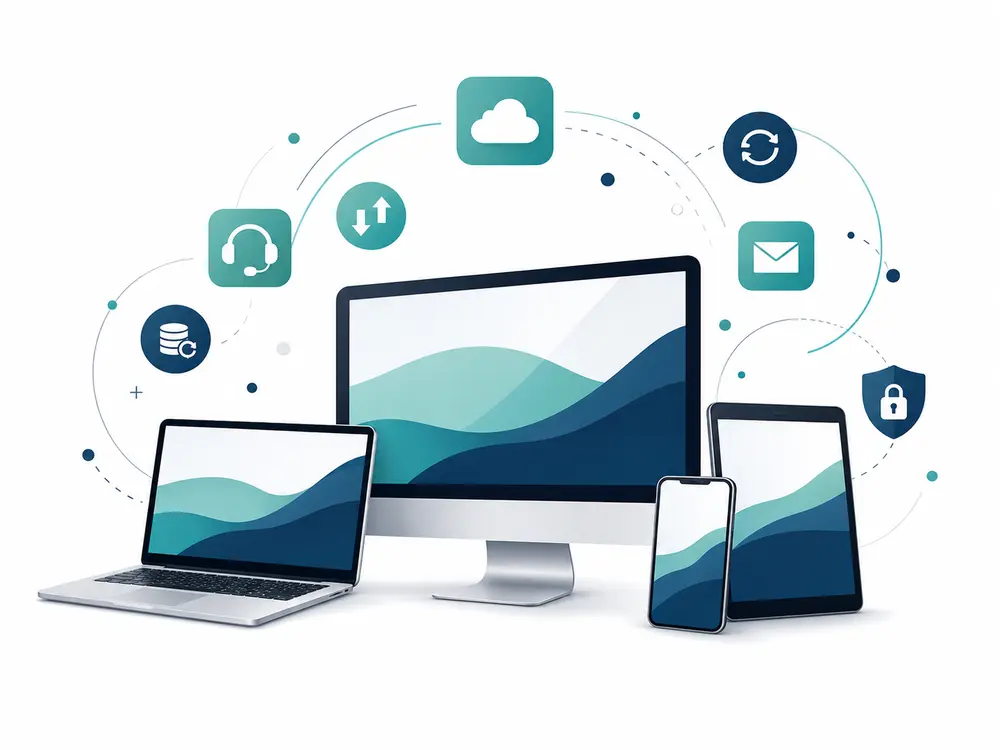 Desktop-Computer, Notebook, Tablet und Smartphone mit Symbolen für Cloud, Sicherheit, Support und Datenaustausch